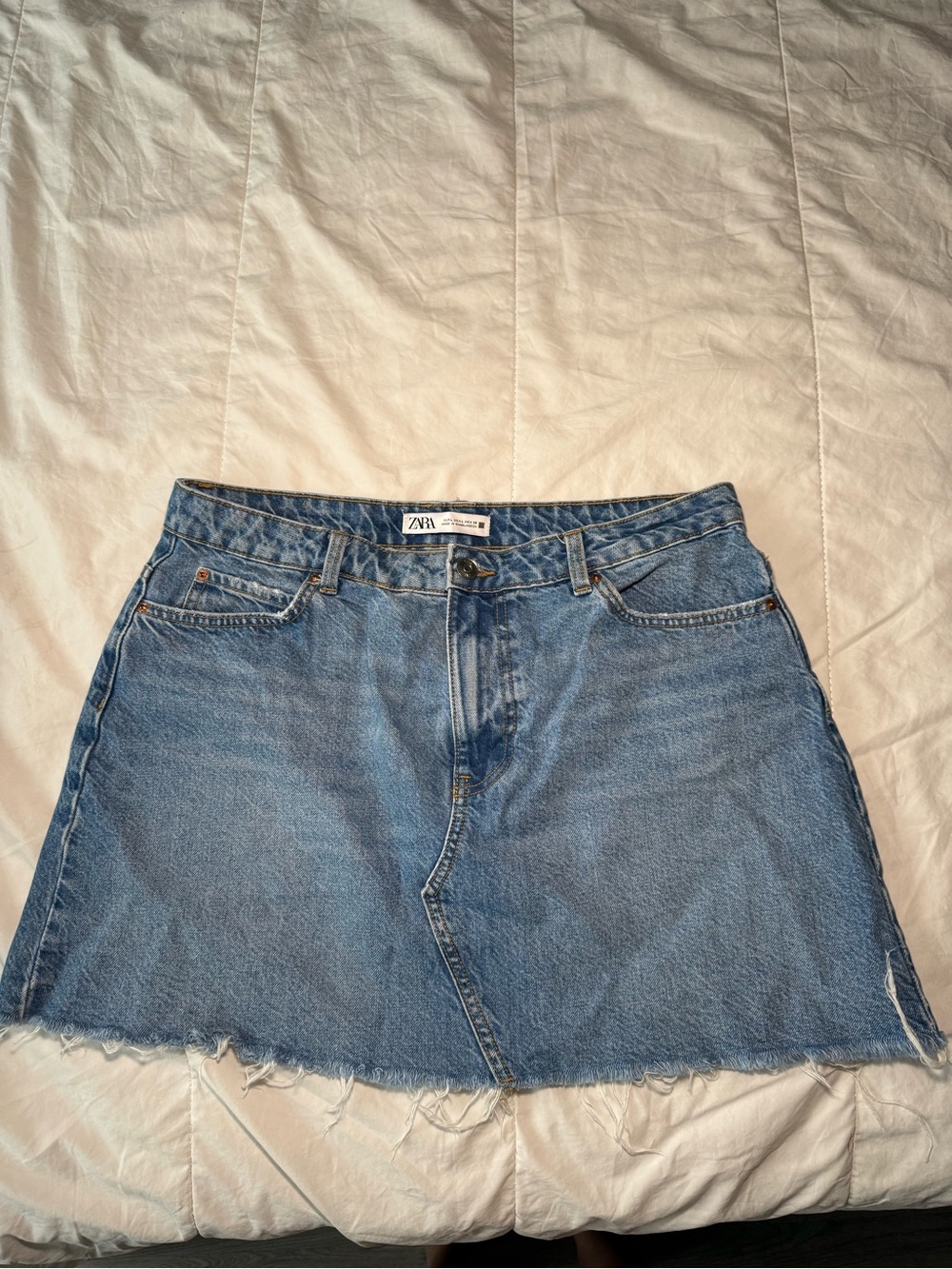 ZARA Light Blue Denim Mini Skirt with Frayed Hem